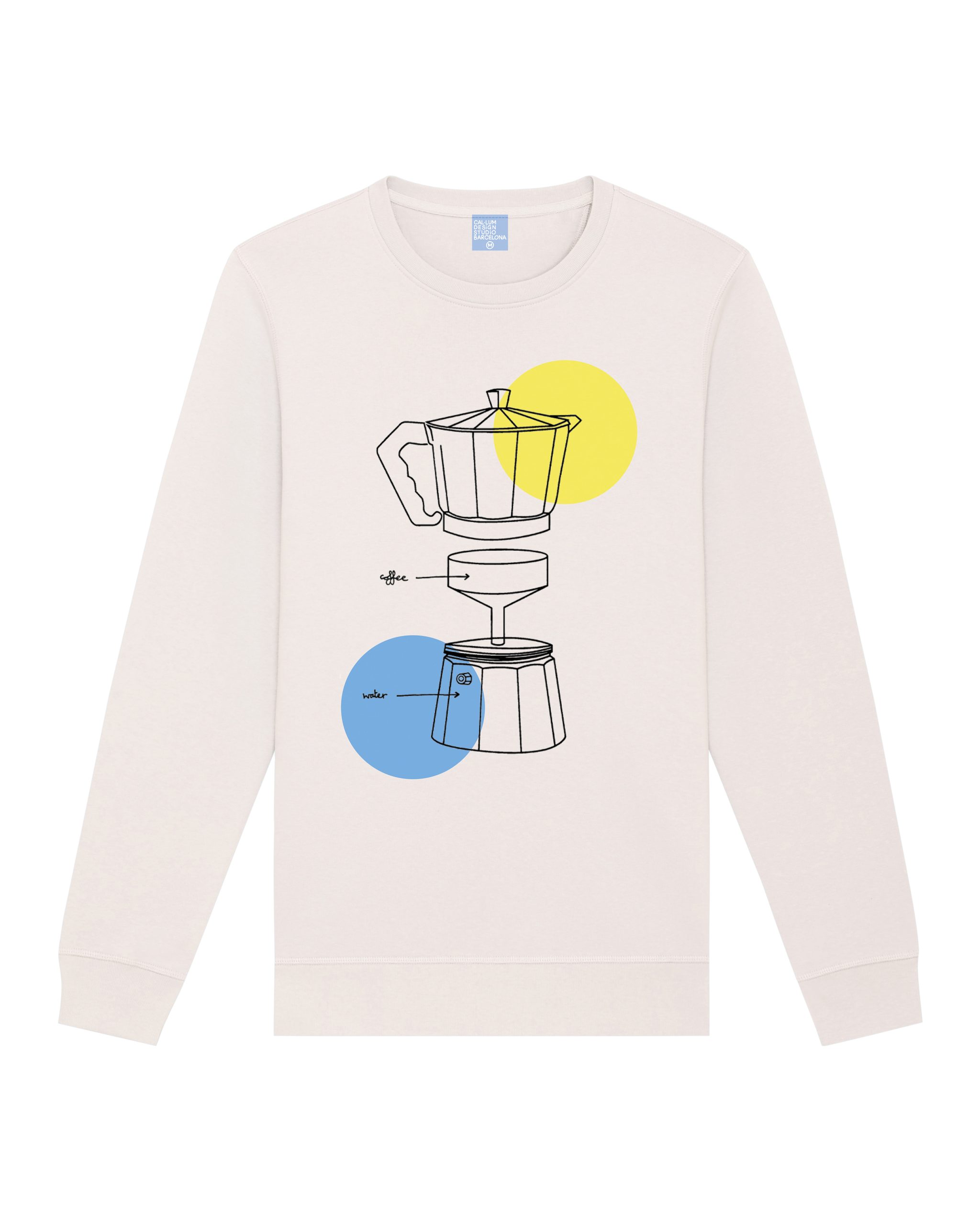 White sweatshirt with colorful coffee maker print