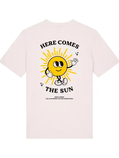 White t-shirt with here comes the sun illustration print