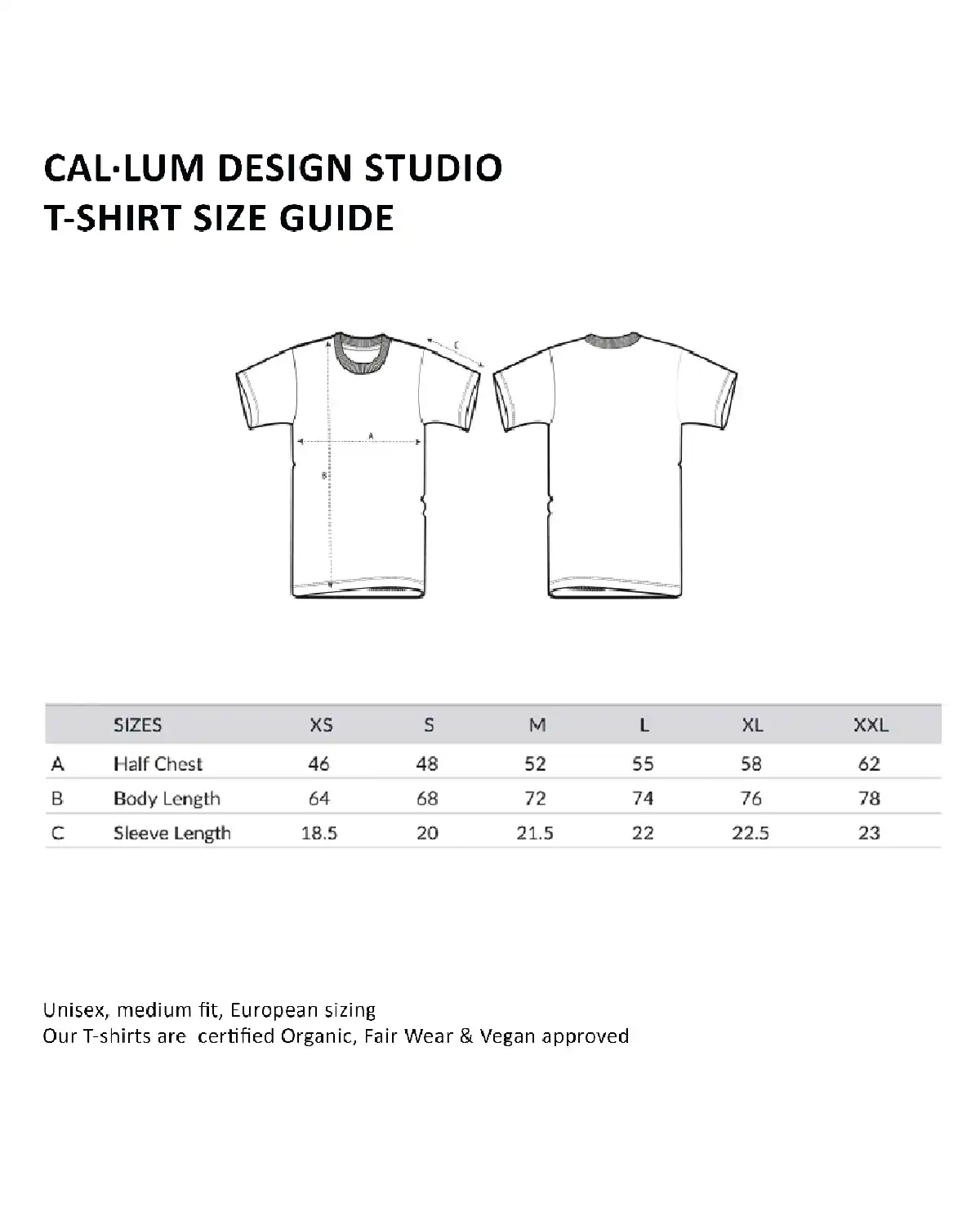 cal·lum design studio unisex t-shirt size guide