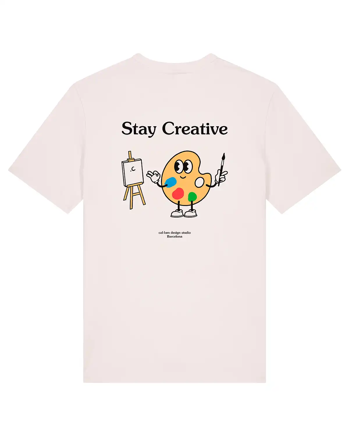 White t-shirt with stay creative illustration print from the back