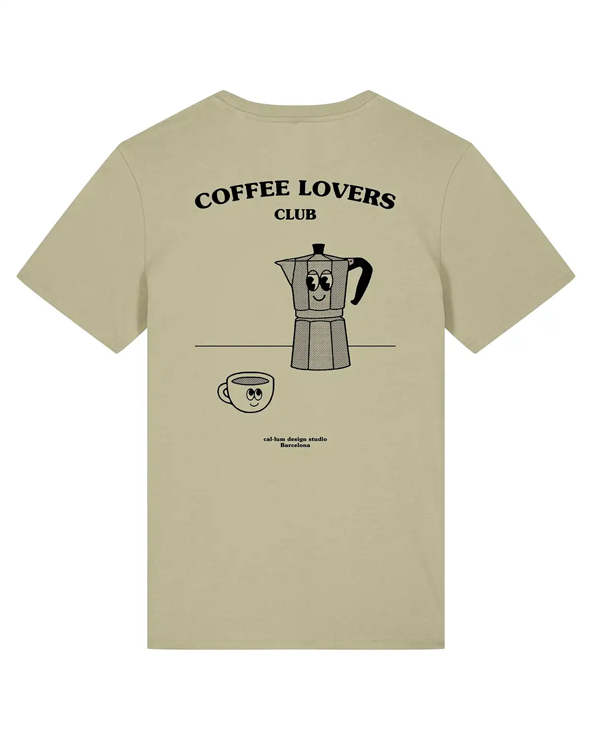 Sage t-shirt with coffee lovers illustration print from the back