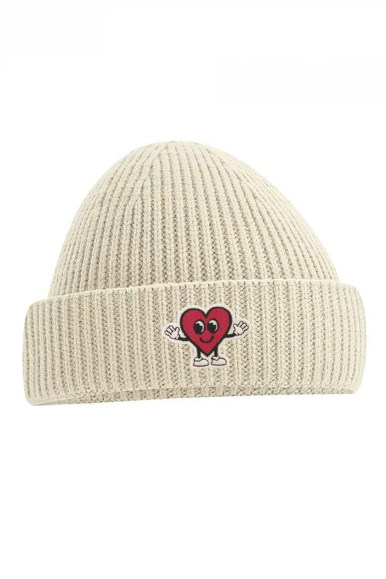 Red beanie with a heart illustration embroided