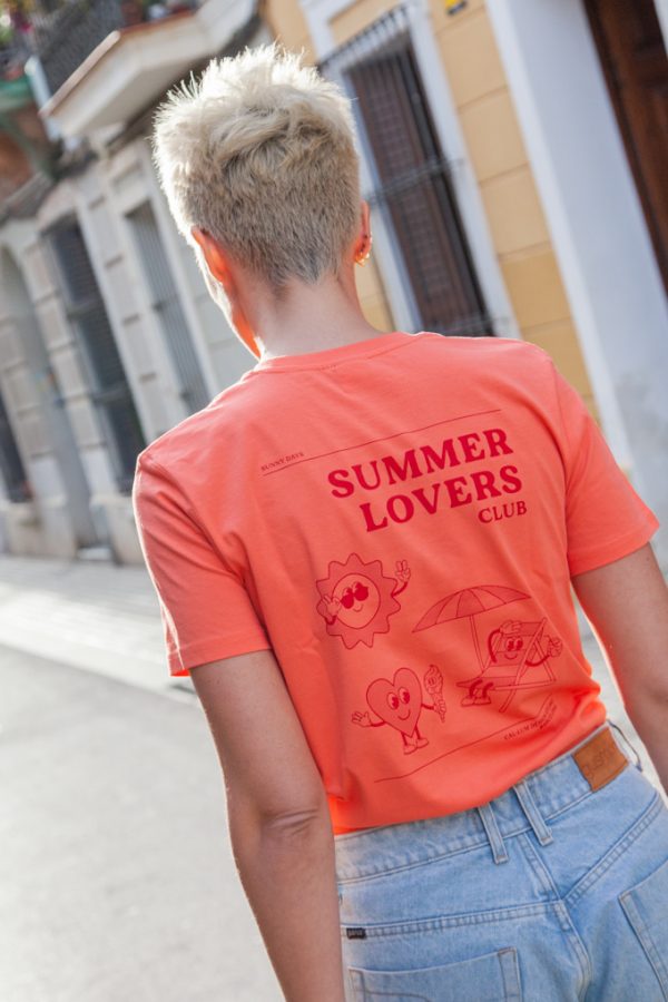 summer lovers club organic t-shirt coral colour by cal·lum design studio Barcelona