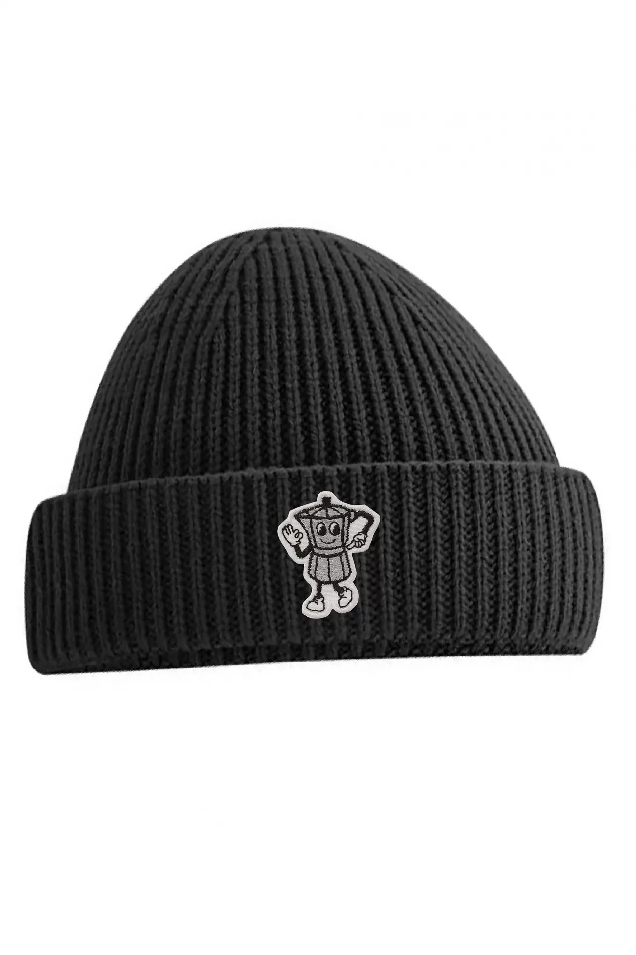Black beanie with a coffee maker illustration embroided