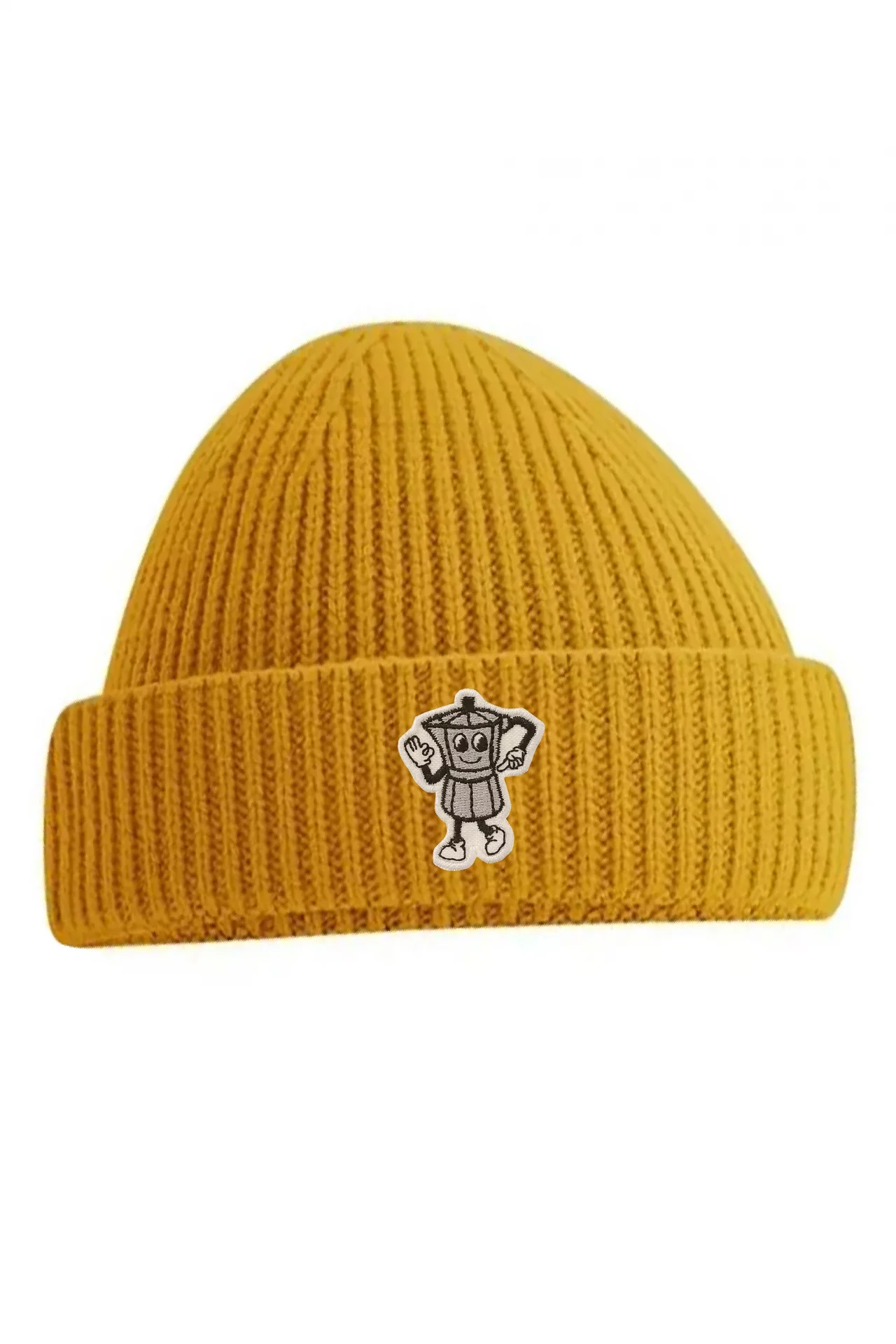 Yellow beanie with a coffee maker illustration embroided