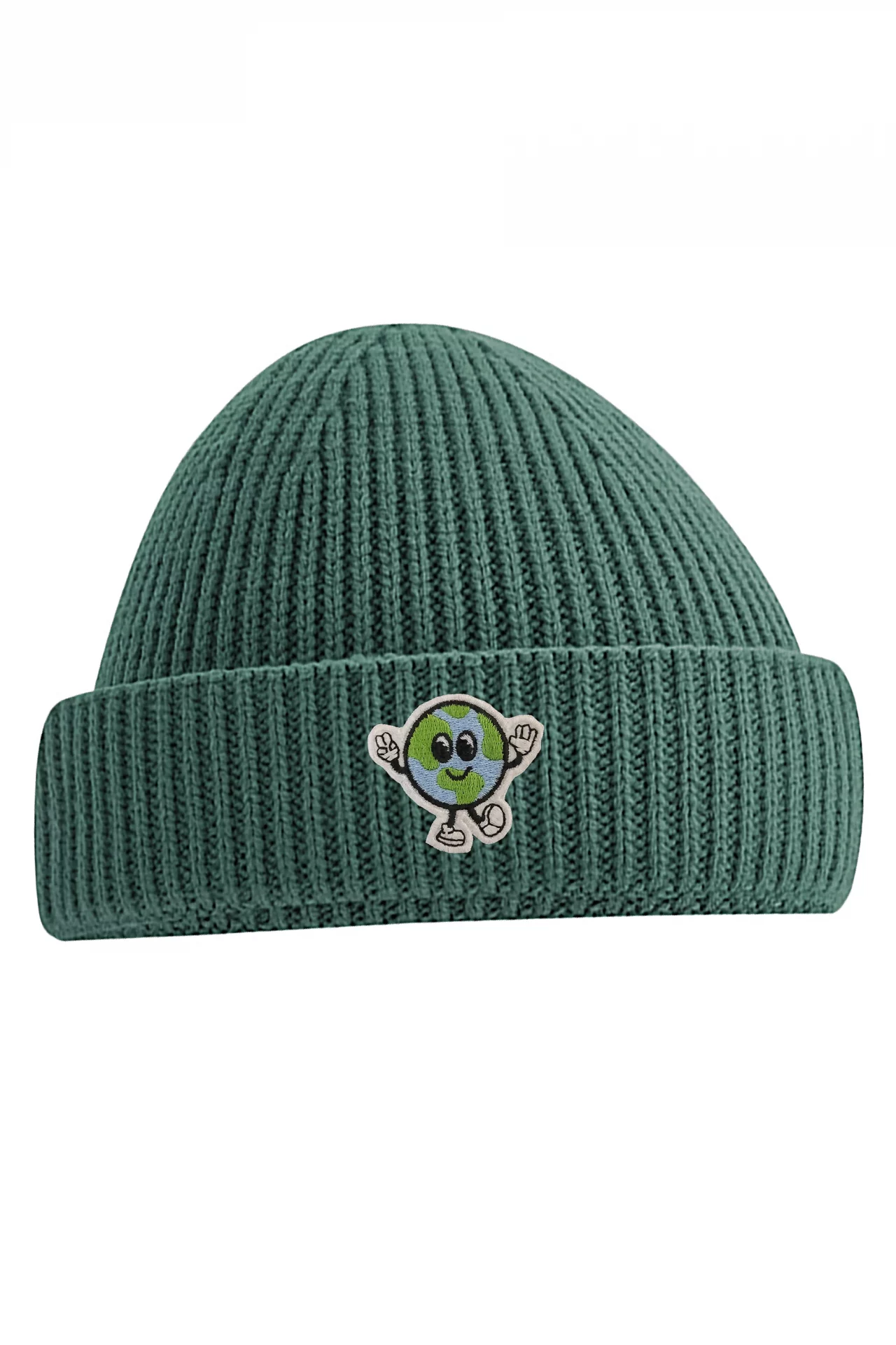 Green beanie with a world illustration embroided