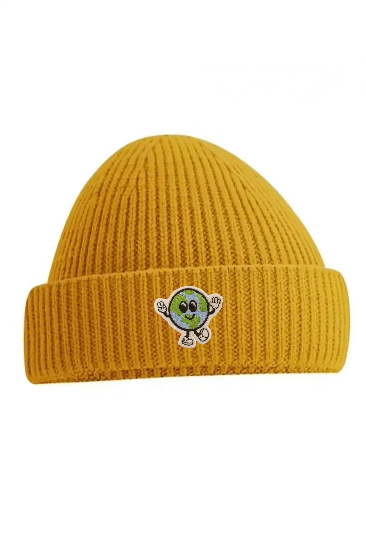 Yellow beanie with a world illustration embroided