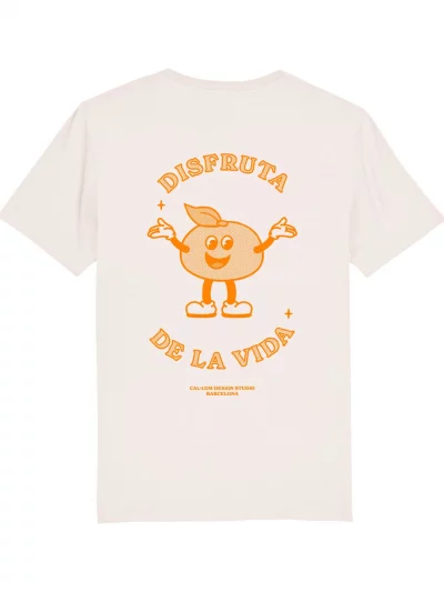 White t-shirt with orange disfruta de la vida illustration print from the back