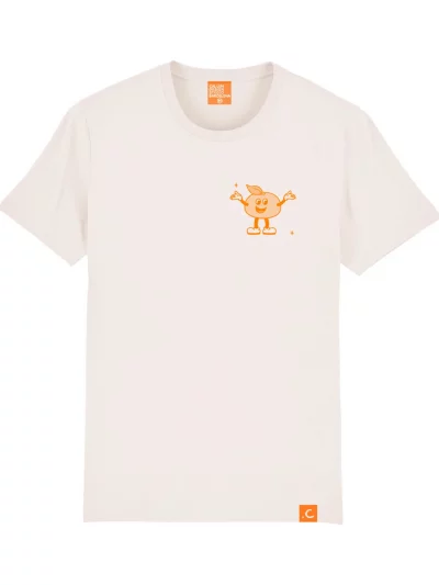 White t-shirt with orange illustration print